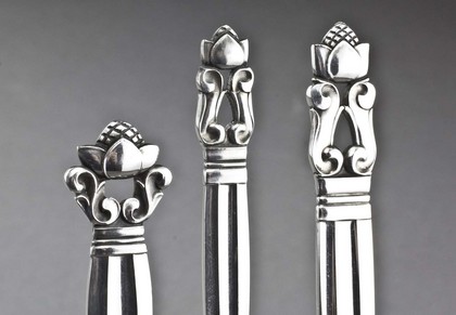 Georg Jensen Sterling Silver Acorn Pattern Set (3) - Sugar Shovel, Jam Spoon, Cold Cut Fork